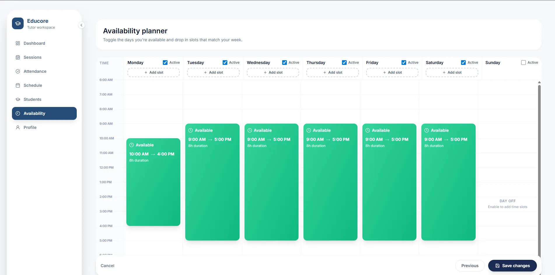 Sessions LMS tutor availability planner